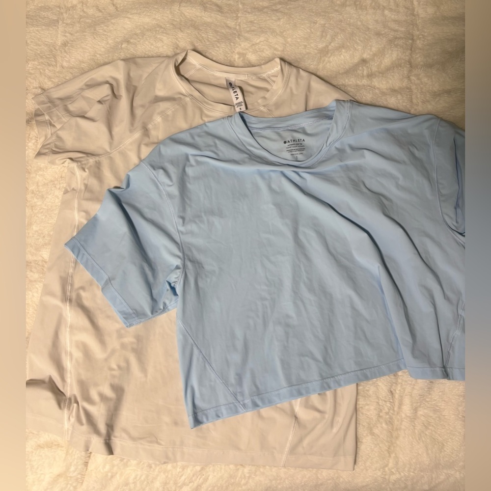 Athleta Light Blue and White Short Sleeve Active Tops